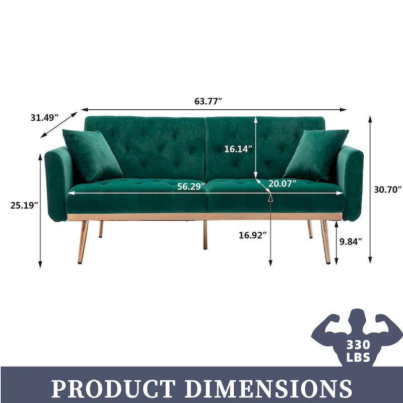 Canapé-lit deux places capitonné en velours avec pieds en or rose