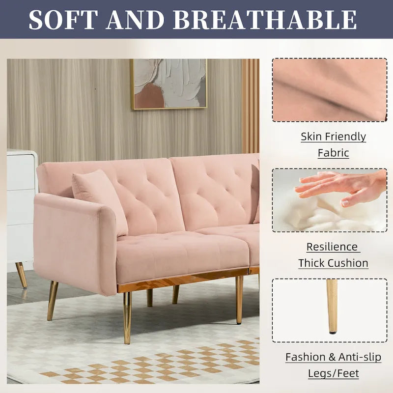 Canapé-lit deux places capitonné en velours avec pieds en or rose