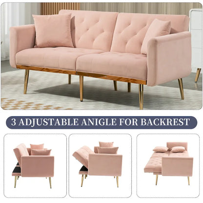 Canapé-lit deux places capitonné en velours avec pieds en or rose