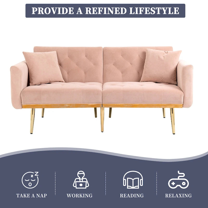 Canapé-lit deux places capitonné en velours avec pieds en or rose