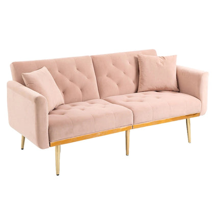 Canapé-lit deux places capitonné en velours avec pieds en or rose