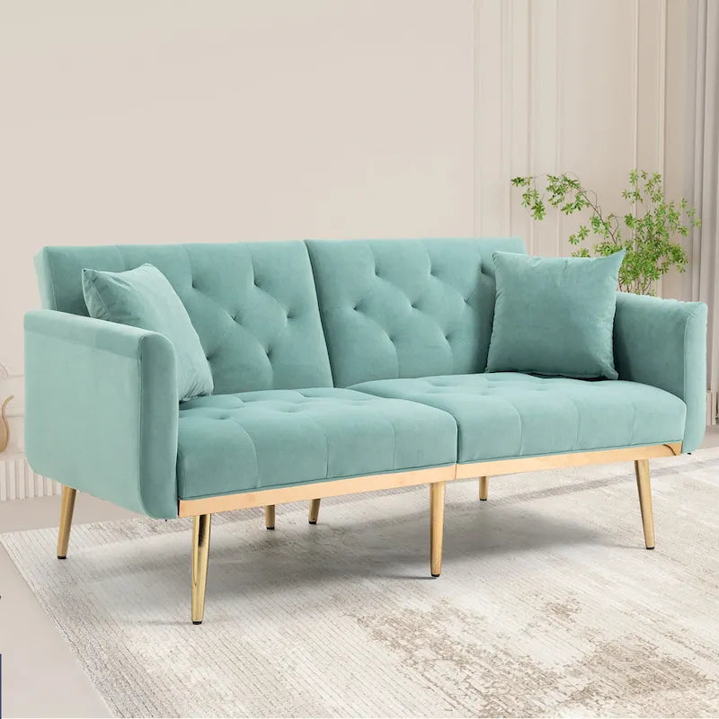 Canapé-lit deux places capitonné en velours avec pieds en or rose