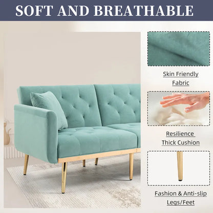 Canapé-lit deux places capitonné en velours avec pieds en or rose