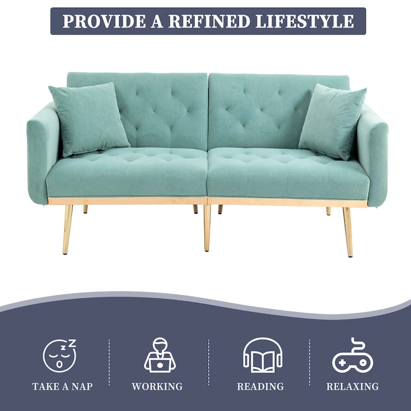 Canapé-lit deux places capitonné en velours avec pieds en or rose