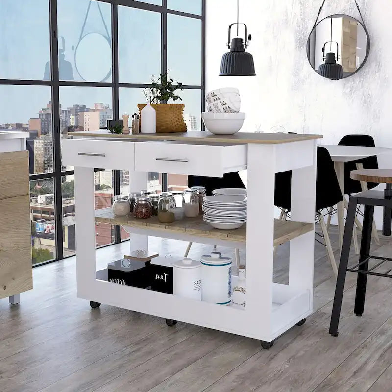 Îlot de cuisine FM Furniture Brooklyn 46, deux étagères, deux tiroirs