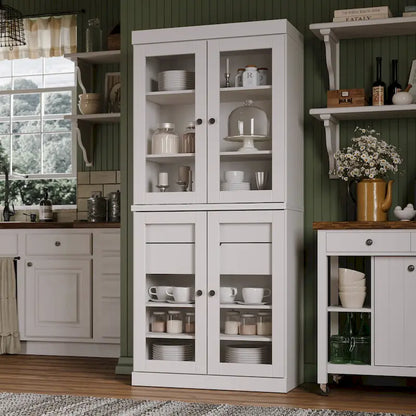 Palace Imports 100% Solid Wood Pantry Cabinet with Frosted, Clear Glass or Solid Doors, 2-Drawers and Adjustable Shelves
