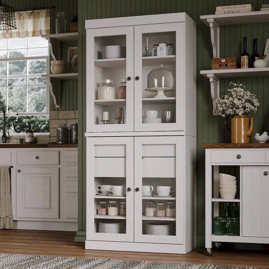 Palace Imports 100% Solid Wood Pantry Cabinet with Frosted, Clear Glass or Solid Doors, 2-Drawers and Adjustable Shelves