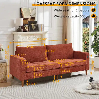 Canapé 2 places 82,68 cm pour salon, canapé deux places avec port USB/Type-C, canapé confortable en chenille avec housse amovible