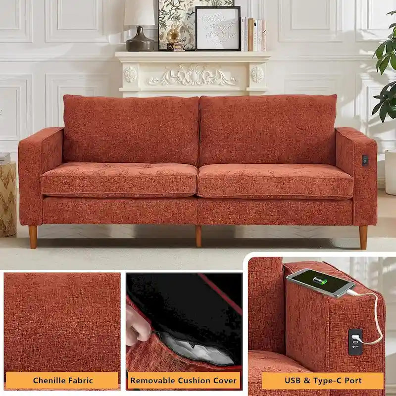 Canapé 2 places 82,68 cm pour salon, canapé deux places avec port USB/Type-C, canapé confortable en chenille avec housse amovible