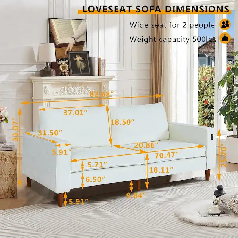 Canapé 2 places 82,68 cm pour salon, canapé deux places avec port USB/Type-C, canapé confortable en chenille avec housse amovible
