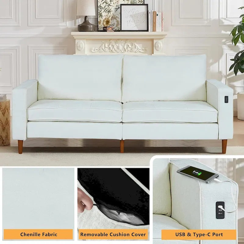Canapé 2 places 82,68 cm pour salon, canapé deux places avec port USB/Type-C, canapé confortable en chenille avec housse amovible