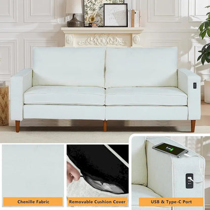 Canapé 2 places 82,68 cm pour salon, canapé deux places avec port USB/Type-C, canapé confortable en chenille avec housse amovible