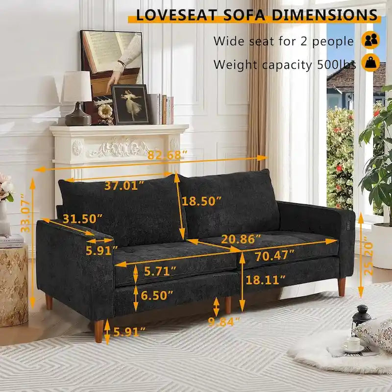 Canapé 2 places 82,68 cm pour salon, canapé deux places avec port USB/Type-C, canapé confortable en chenille avec housse amovible