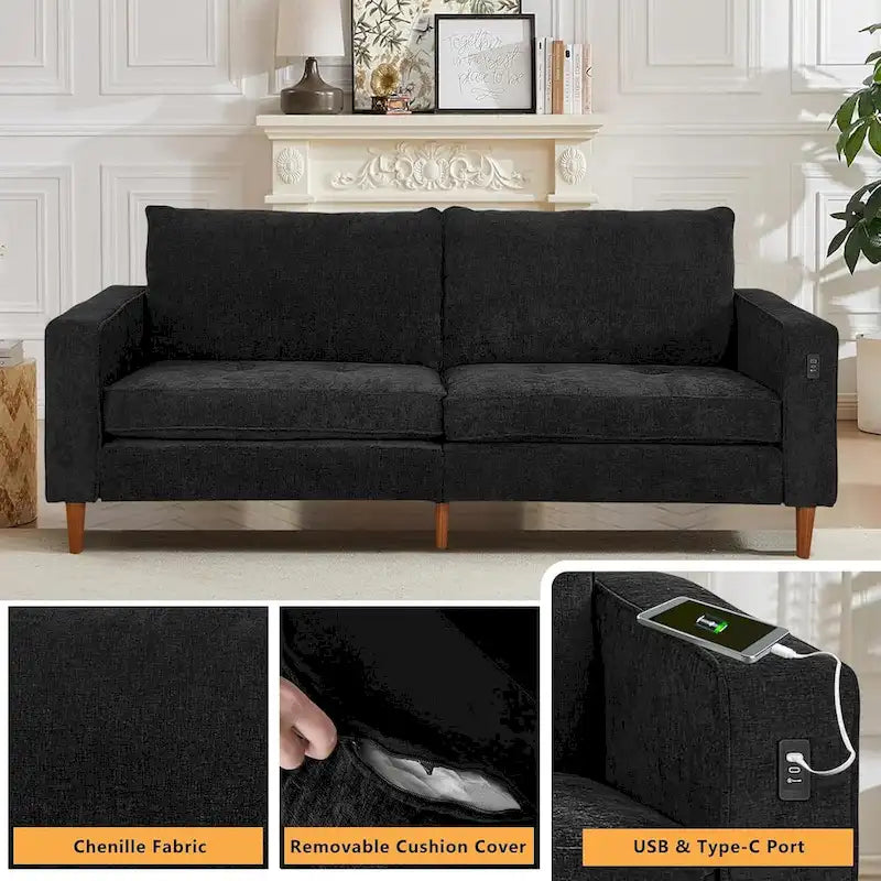 Canapé 2 places 82,68 cm pour salon, canapé deux places avec port USB/Type-C, canapé confortable en chenille avec housse amovible