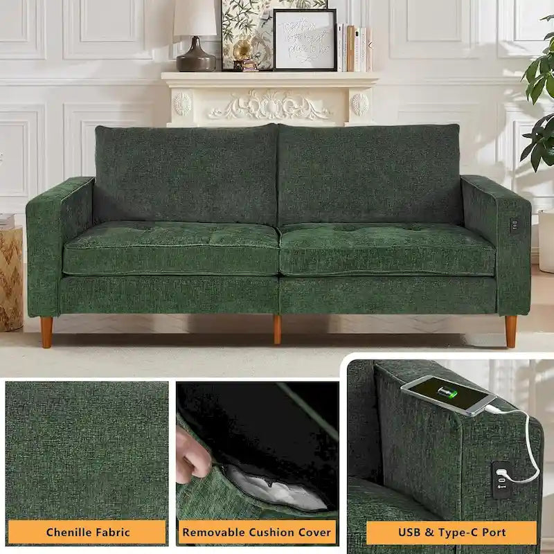 Canapé 2 places 82,68 cm pour salon, canapé deux places avec port USB/Type-C, canapé confortable en chenille avec housse amovible