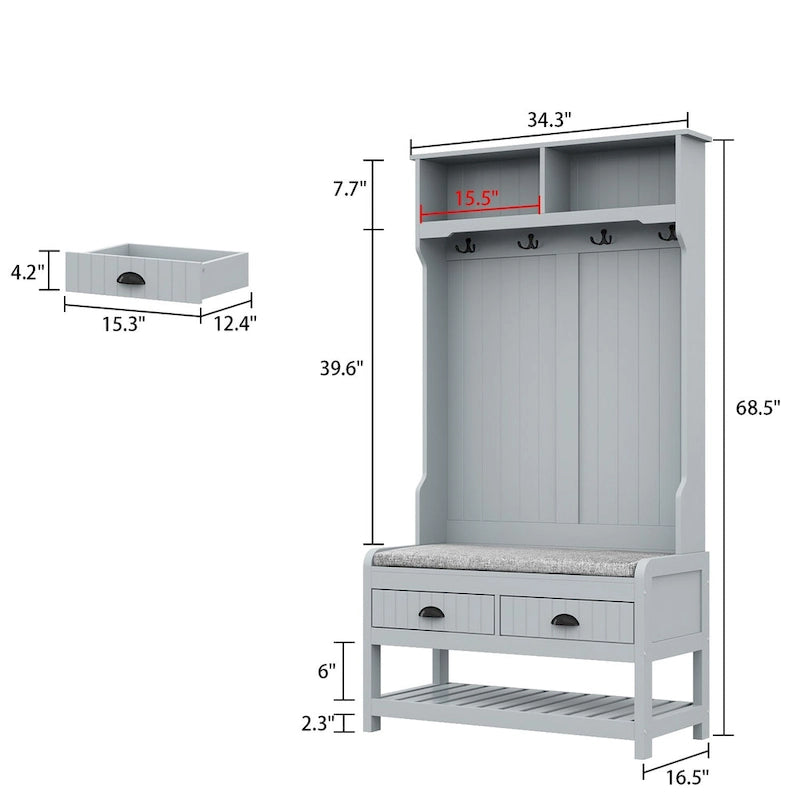 Porte-manteau Timechee 34,3 cm de large avec banc et rangement à chaussures