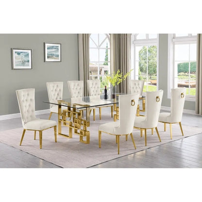 Meubles de qualité supérieure : table à manger en verre trempé et acier inoxydable.