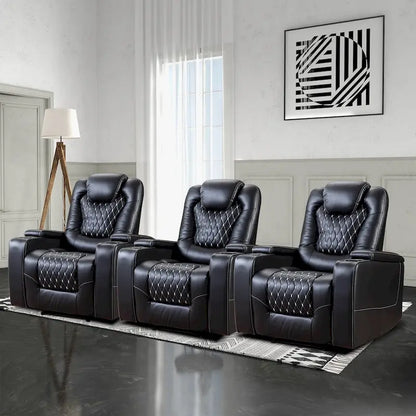 Fauteuils de cinéma maison électriques rembourrés, inclinables, en cuir PU, avec rangement dissimulé dans les accoudoirs