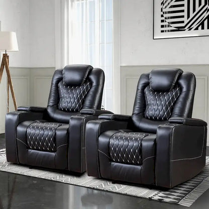 Fauteuils de cinéma maison électriques rembourrés, inclinables, en cuir PU, avec rangement dissimulé dans les accoudoirs