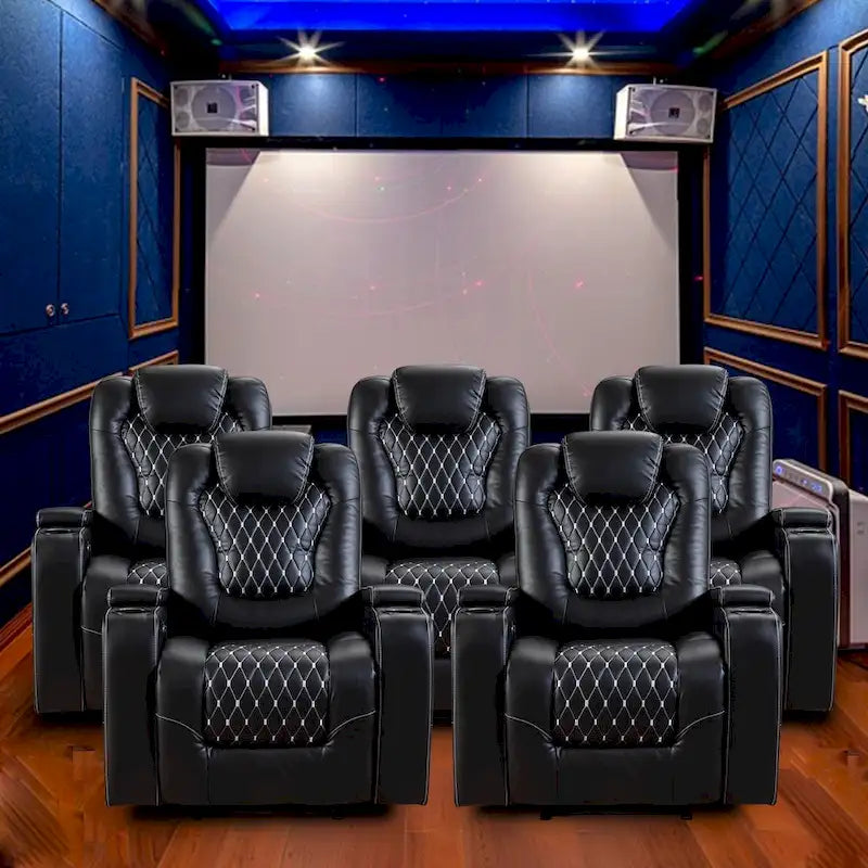 Fauteuils de cinéma maison électriques rembourrés, inclinables, en cuir PU, avec rangement dissimulé dans les accoudoirs