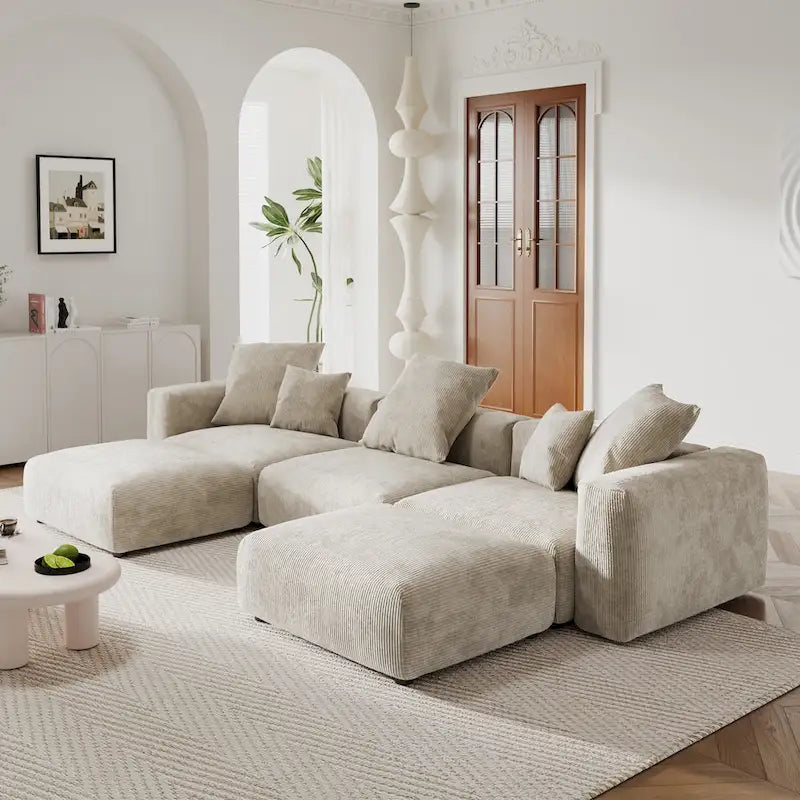 Canapé d'angle modulable en velours côtelé en forme de U, grand format, confortable, avec 5 coussins