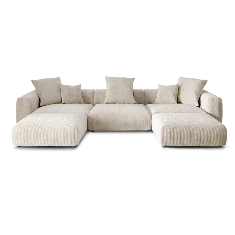 Canapé d'angle modulable en velours côtelé en forme de U, grand format, confortable, avec 5 coussins