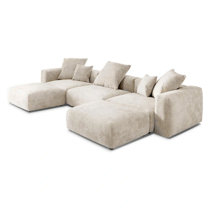 Canapé d'angle modulable en velours côtelé en forme de U, grand format, confortable, avec 5 coussins