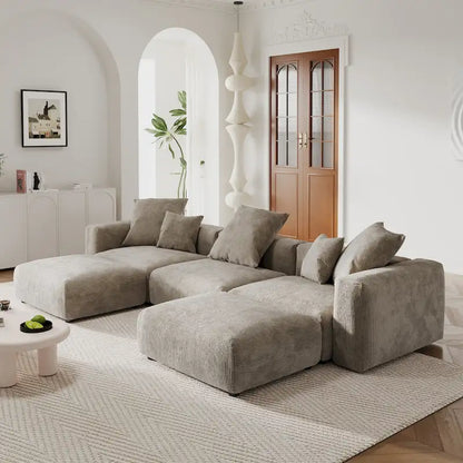 Canapé d'angle modulable en velours côtelé en forme de U, grand format, confortable, avec 5 coussins