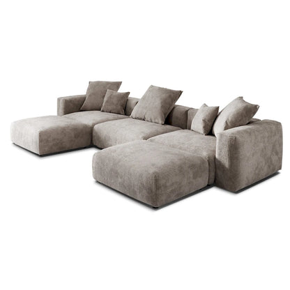 Canapé d'angle modulable en velours côtelé en forme de U, grand format, confortable, avec 5 coussins