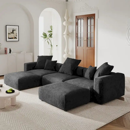 Canapé d'angle modulable en velours côtelé en forme de U, grand format, confortable, avec 5 coussins