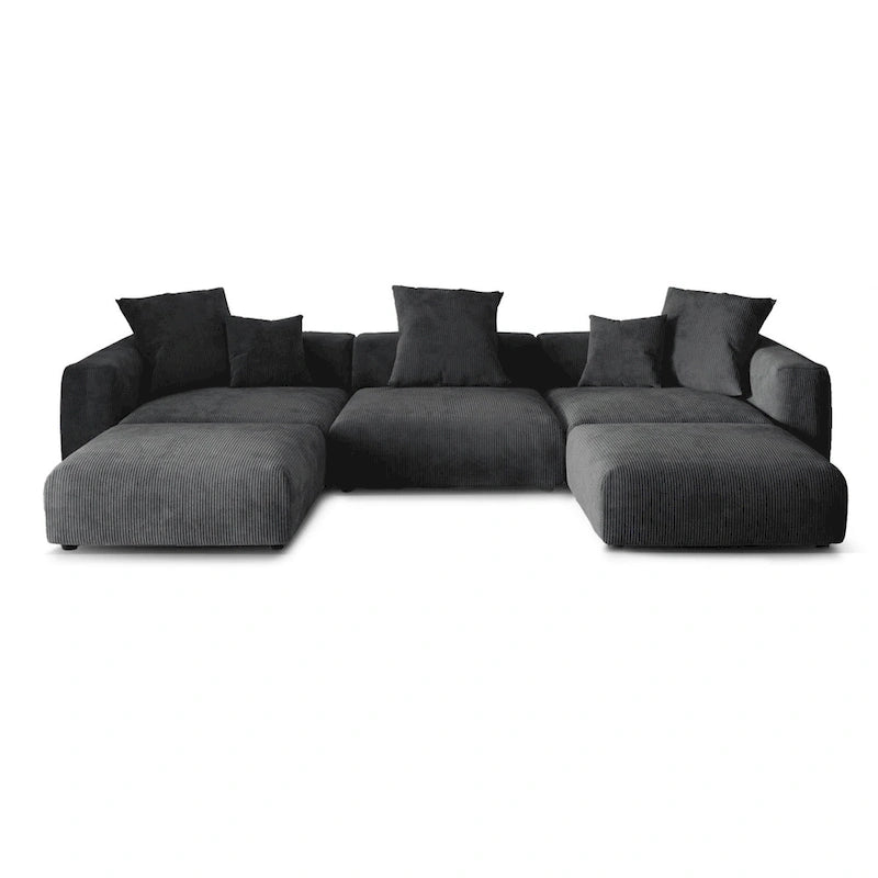 Canapé d'angle modulable en velours côtelé en forme de U, grand format, confortable, avec 5 coussins