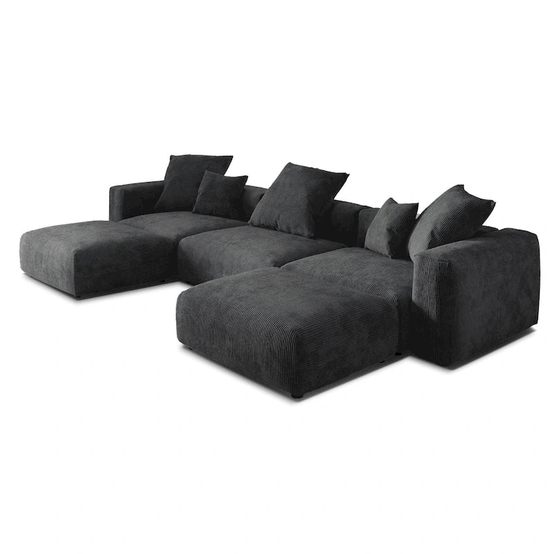 Canapé d'angle modulable en velours côtelé en forme de U, grand format, confortable, avec 5 coussins