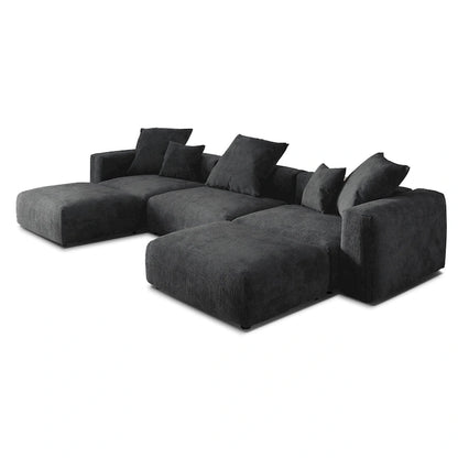 Canapé d'angle modulable en velours côtelé en forme de U, grand format, confortable, avec 5 coussins