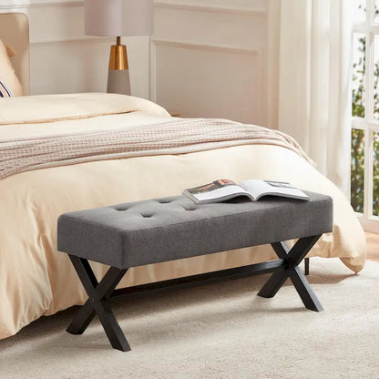 Banc d'entrée en tissu beige/gris/blanc, recouvert de tissu, avec pieds en forme de X, 89 cm (35 pouces)