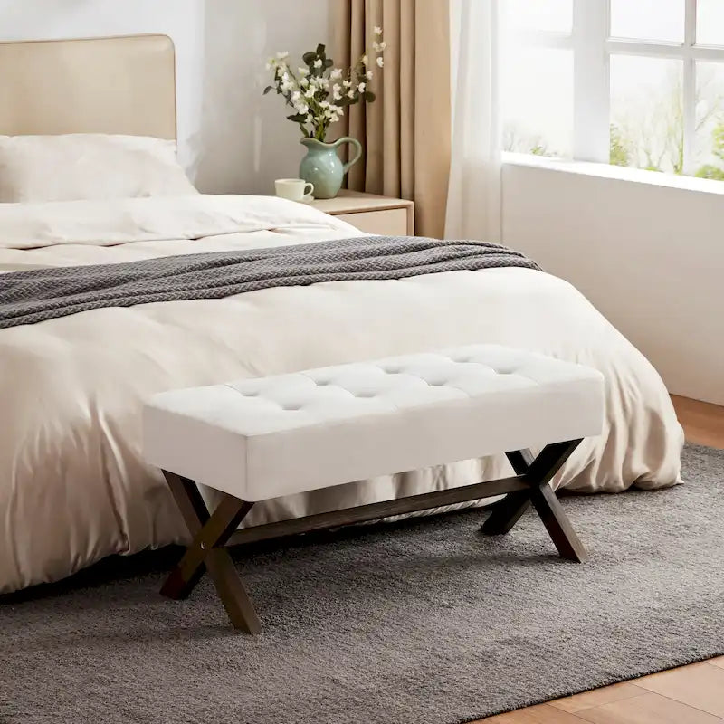 Banc d'entrée en tissu beige/gris/blanc, recouvert de tissu, avec pieds en forme de X, 89 cm (35 pouces)
