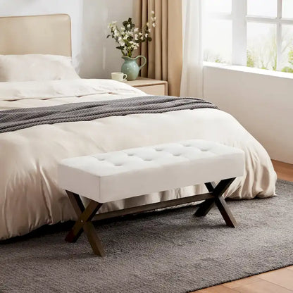 Banc d'entrée en tissu beige/gris/blanc, recouvert de tissu, avec pieds en forme de X, 89 cm (35 pouces)
