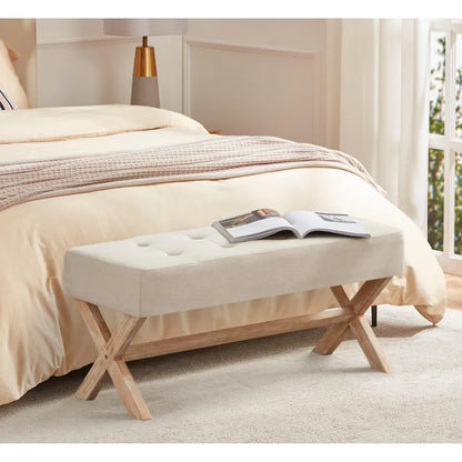 Banc d'entrée en tissu beige/gris/blanc, recouvert de tissu, avec pieds en forme de X, 89 cm (35 pouces)