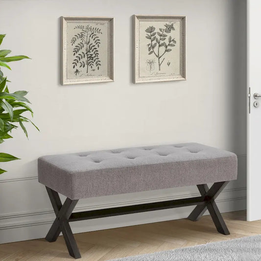 Fabric Entryway Bench Beige/ Grey/ White Upholstered Bench with X-Shaped Legs, 35-inch