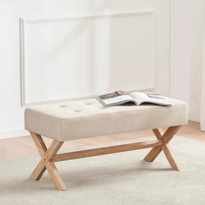 Banc d'entrée en tissu beige/gris/blanc, recouvert de tissu, avec pieds en forme de X, 89 cm (35 pouces)