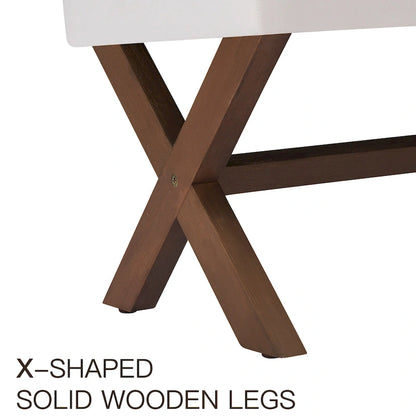 Banc d'entrée en tissu beige/gris/blanc, recouvert de tissu, avec pieds en forme de X, 89 cm (35 pouces)