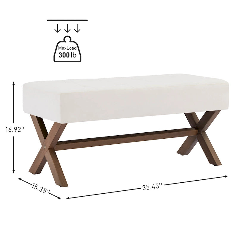Banc d'entrée en tissu beige/gris/blanc, recouvert de tissu, avec pieds en forme de X, 89 cm (35 pouces)