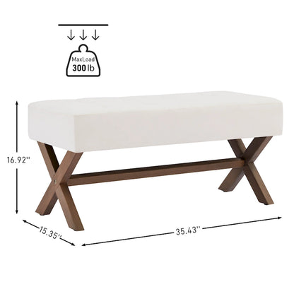 Banc d'entrée en tissu beige/gris/blanc, recouvert de tissu, avec pieds en forme de X, 89 cm (35 pouces)