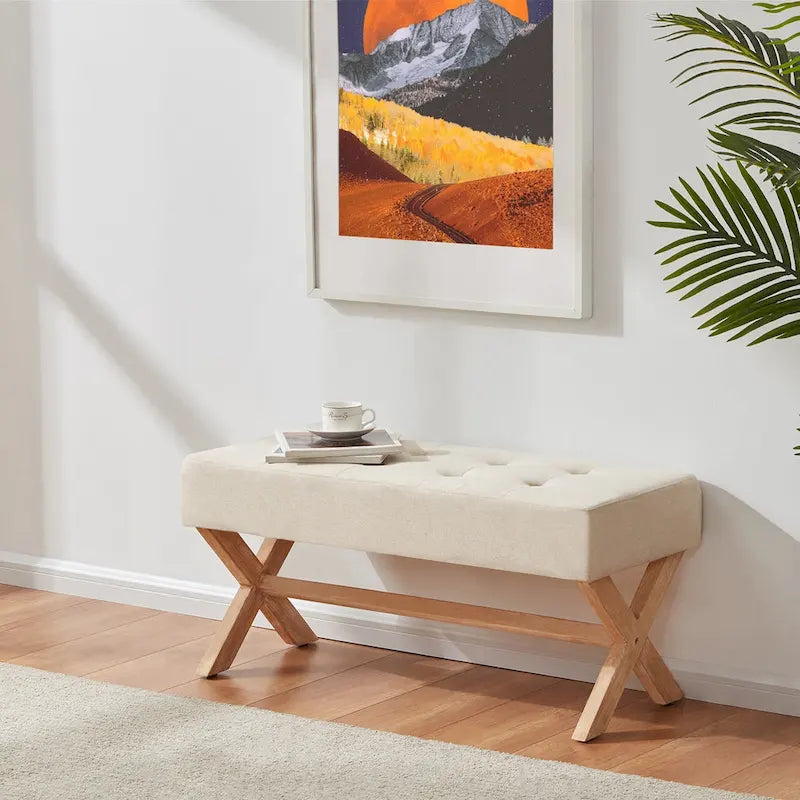 Banc d'entrée en tissu beige/gris/blanc, recouvert de tissu, avec pieds en forme de X, 89 cm (35 pouces)