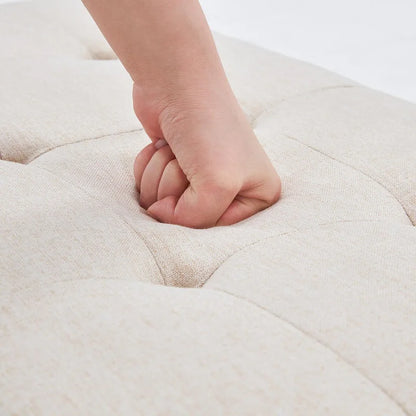 Banc d'entrée en tissu beige/gris/blanc, recouvert de tissu, avec pieds en forme de X, 89 cm (35 pouces)