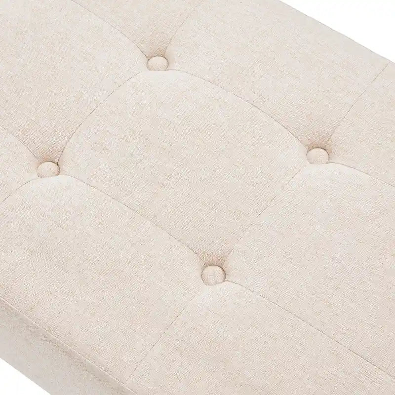 Banc d'entrée en tissu beige/gris/blanc, recouvert de tissu, avec pieds en forme de X, 89 cm (35 pouces)