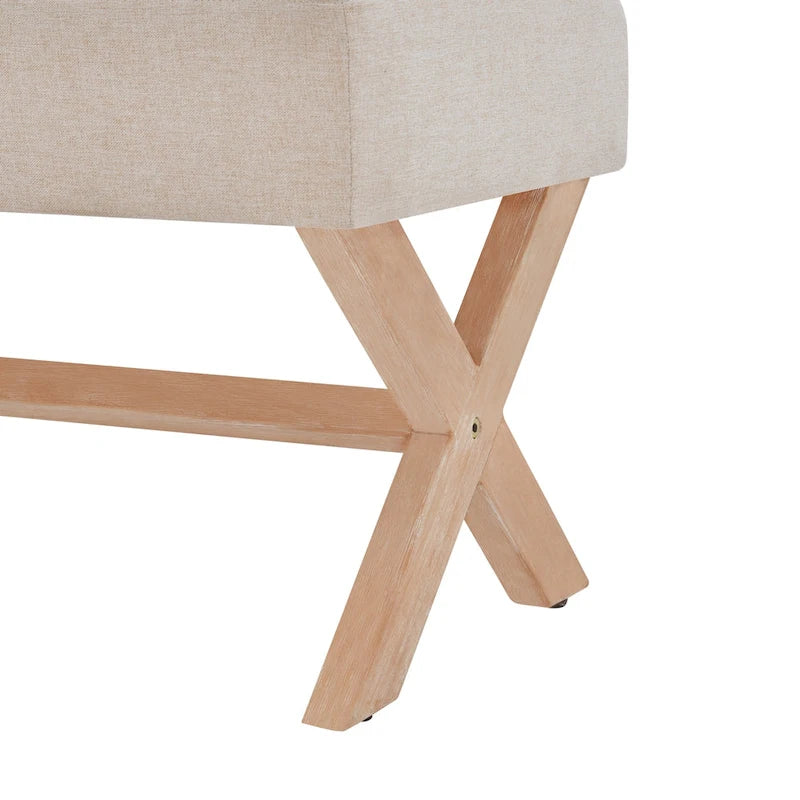 Banc d'entrée en tissu beige/gris/blanc, recouvert de tissu, avec pieds en forme de X, 89 cm (35 pouces)