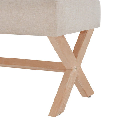 Banc d'entrée en tissu beige/gris/blanc, recouvert de tissu, avec pieds en forme de X, 89 cm (35 pouces)