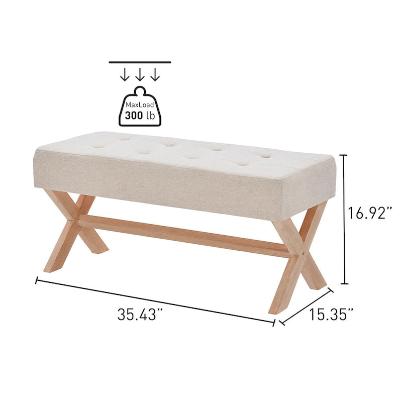 Banc d'entrée en tissu beige/gris/blanc, recouvert de tissu, avec pieds en forme de X, 89 cm (35 pouces)