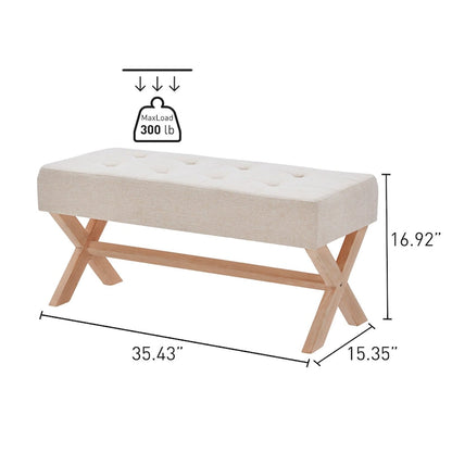 Banc d'entrée en tissu beige/gris/blanc, recouvert de tissu, avec pieds en forme de X, 89 cm (35 pouces)