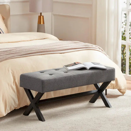 Banc d'entrée en tissu beige/gris/blanc, recouvert de tissu, avec pieds en forme de X, 89 cm (35 pouces)
